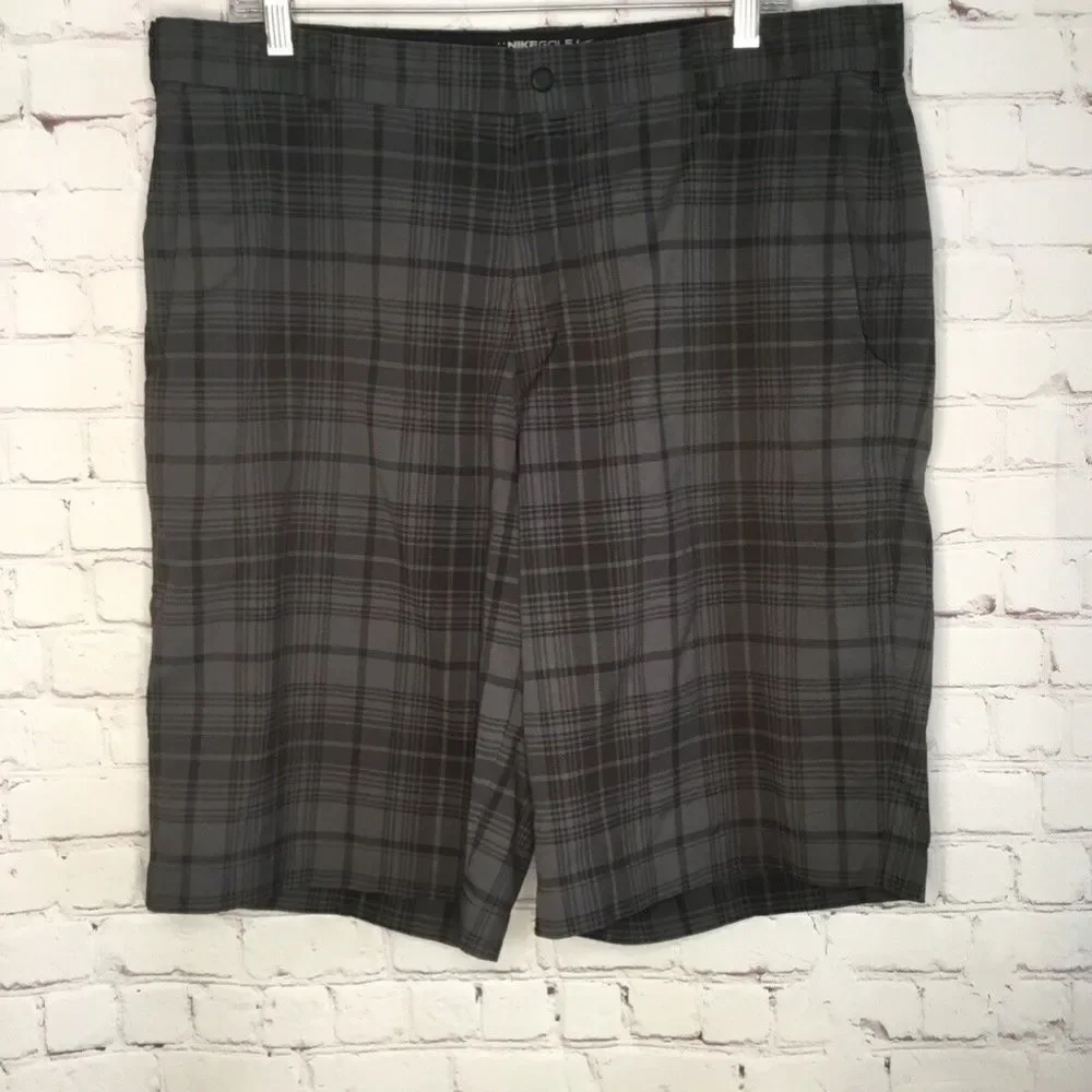 Nike Golf Dri Fit Tour Performance Men Gray Plaid Flat Front Golf Shorts Size 36